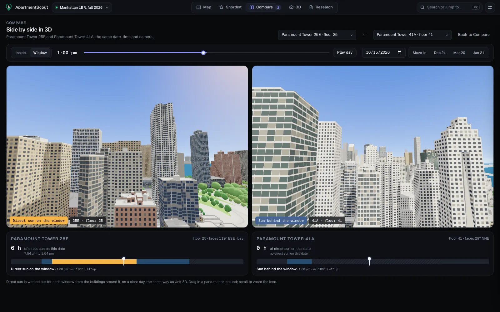 Two homes in the same tower side by side in 3D, the 25th floor and the 41st, with direct-sun hours for each window.