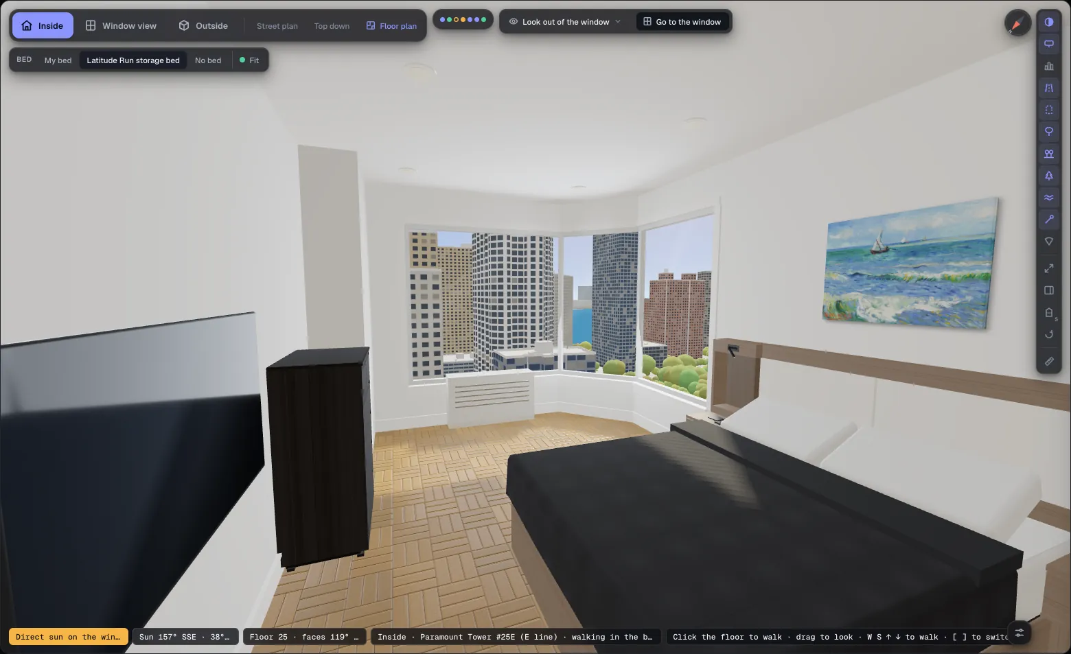 Inside the living room: a black leather futon, a wall-mounted TV, a desk with a monitor and a task chair, and a basket-weave parquet floor.