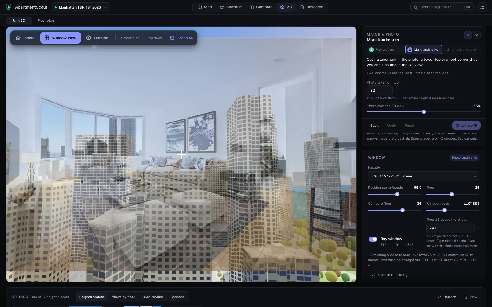 Match a photo: a listing photo laid over the 3D view while landmarks are marked.
