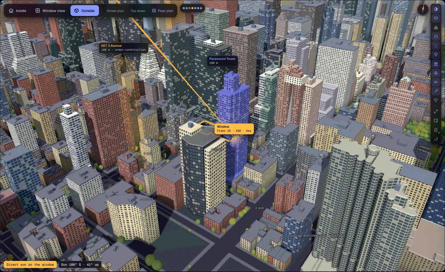 Unit 3D by day: the tower among its real neighbours with the window marked, a sun ray, a tower under construction drawn dashed and street trees.