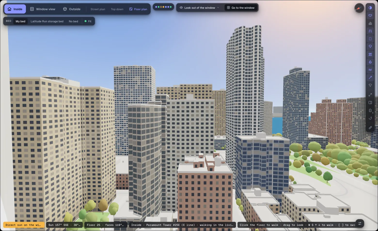 Standing at the living-room window on the 25th floor, looking out over neighbouring towers, a park and the river.