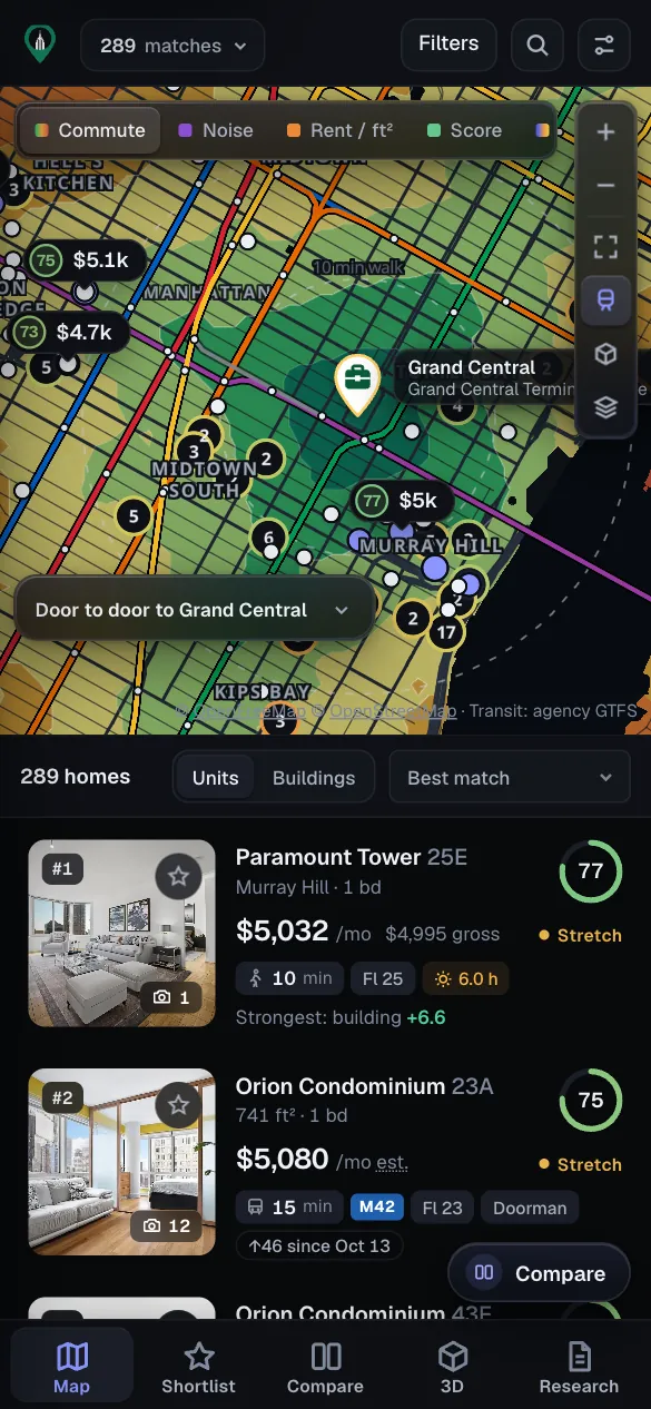 The same search on a phone: the map on top, the ranked listings below and a bottom tab bar.