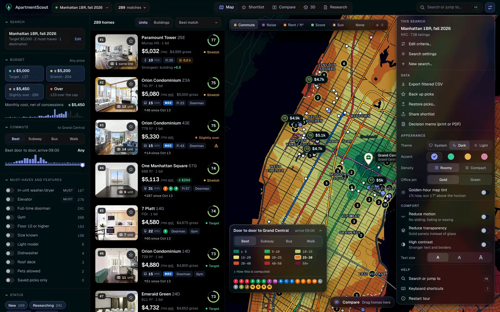 The one menu at the top right: this search, data, appearance, comfort and help.