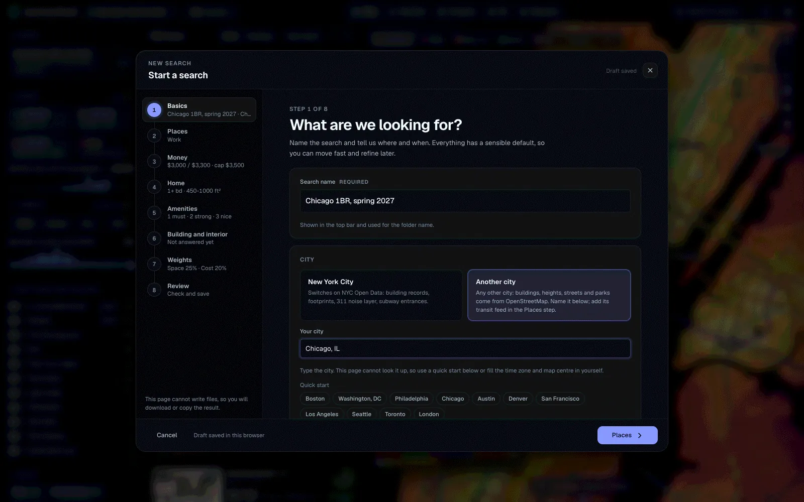 The new search wizard on its first step, with Another city chosen and Chicago typed in.